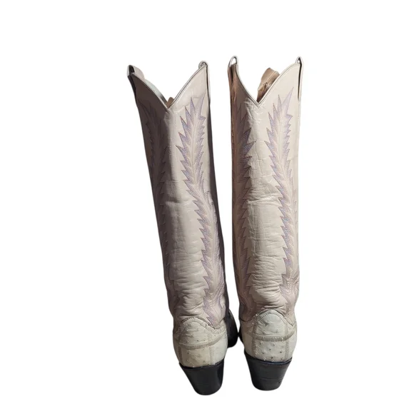 Vintage Larry Mahan Ivory Western Cowboy Boots Ostrich Print Tall USA - Picture 7 of 16